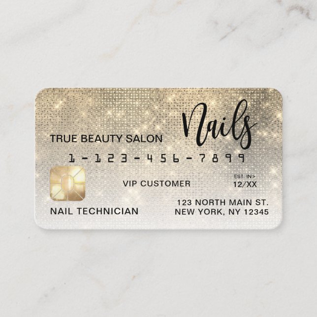 Tarjeta de crédito Glam Gold Sequin Purpurina Nail (Anverso)