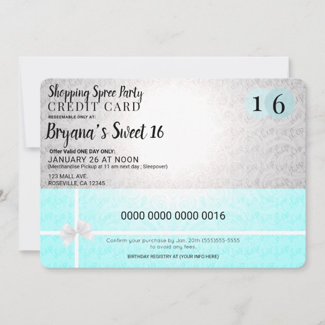 Tarjeta de Crédito para Fiesta Dulce 16 de Compras (Anverso)