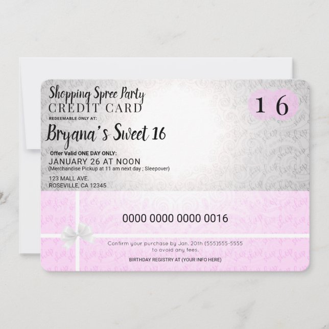 Tarjeta de Crédito para Fiesta Dulce 16 de Compras (Anverso)