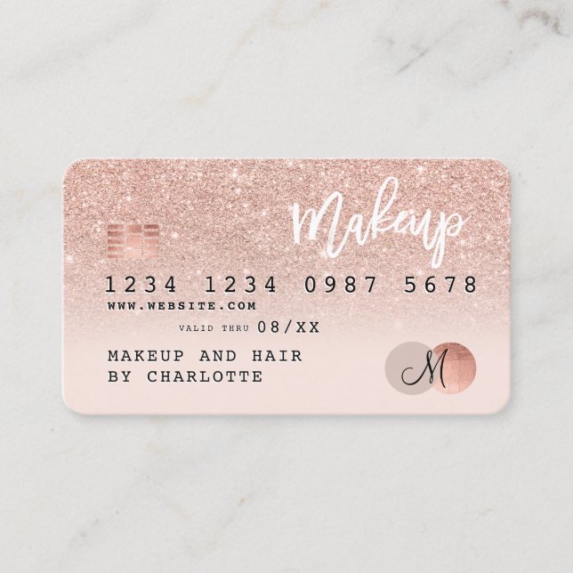 Tarjeta de crédito rosa purpurina dorado monogramo (Anverso)