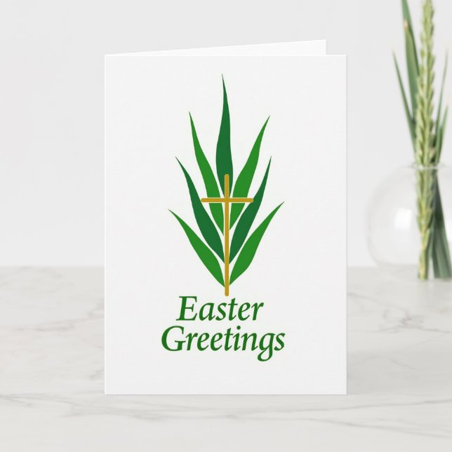 Tarjeta de Cruz Dorada con Follaje Verde (Anverso)