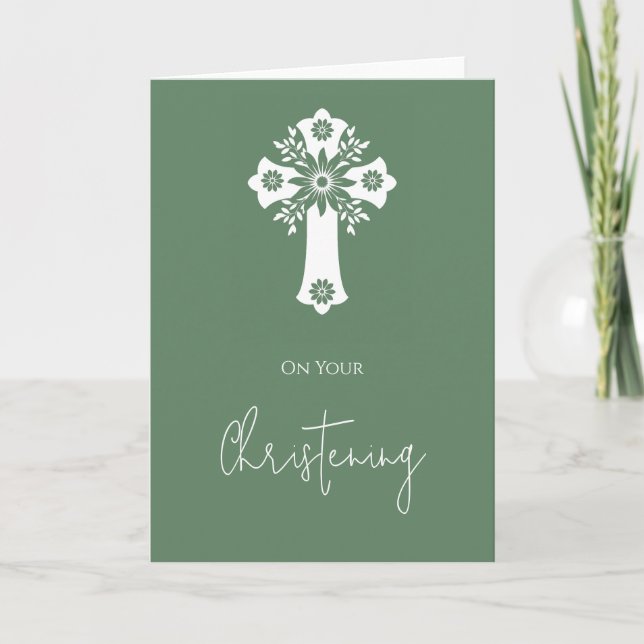 Tarjeta de Cruz Floral Christening Fern Green (Anverso)