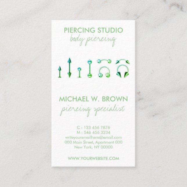 Tarjeta de cuidado verde para Piercing de joyas co (Anverso)