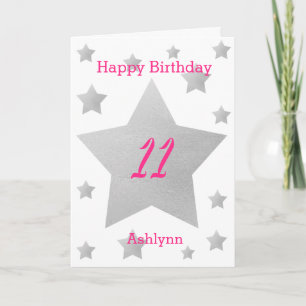 Tarjeta de cumpleaños 11 Estrellas Gris Rosadas