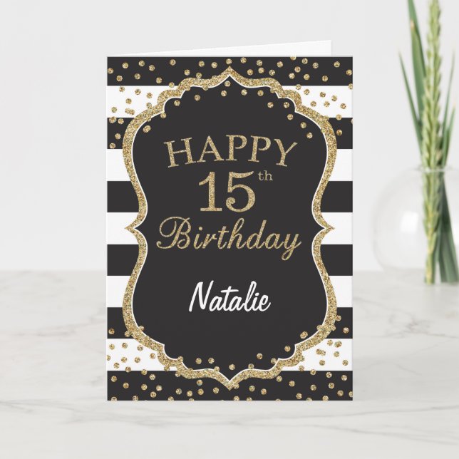 Tarjeta de cumpleaños 15º de Purpurina negro y oro (Anverso)
