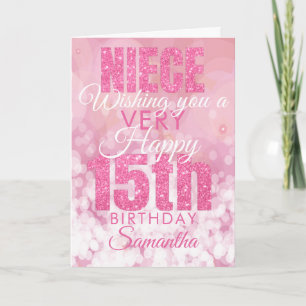 Tarjeta de cumpleaños 15º purpurina rosa chica