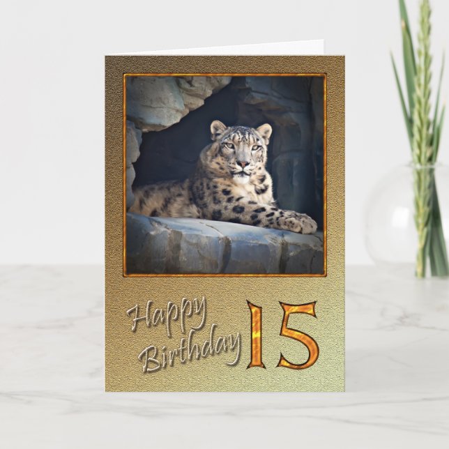 Tarjeta de cumpleaños 15 con leopardo de nieve (Anverso)
