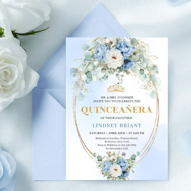 Tarjeta de cumpleaños 15 con peonías azules elegan (Elegant Blue Peonies Greenery 15th Birthday Card

)