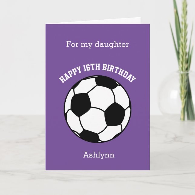 Tarjeta de cumpleaños 16º Deporte de fútbol púrpur (Anverso)