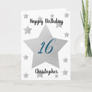 Tarjeta de cumpleaños 16º Estrellas azul y plata