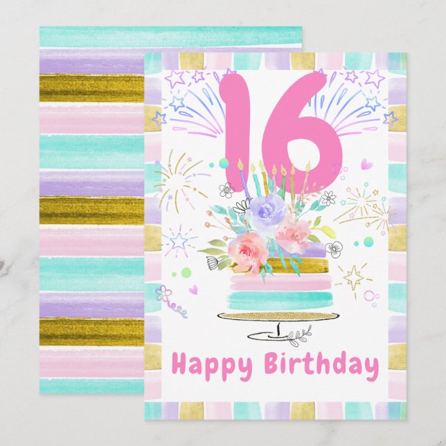 Tarjeta de cumpleaños 16 editable impresa (Anverso / Reverso)