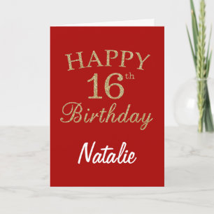 Tarjeta de cumpleaños 16a Purpurina rojo y oro