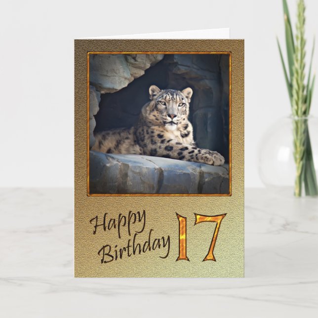 Tarjeta de cumpleaños 17 con leopardo de nieve (Anverso)