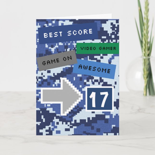 Tarjeta de cumpleaños 17 de Blue Video Gamer (Anverso)