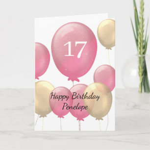 Tarjeta de cumpleaños 17 de los globos rosados y d