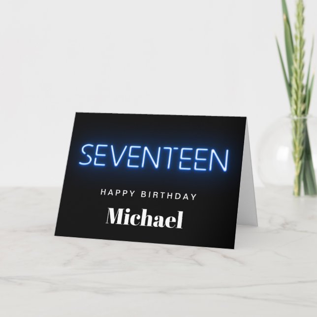 Tarjeta de cumpleaños 17 personalizada Blue Neon L (Anverso)
