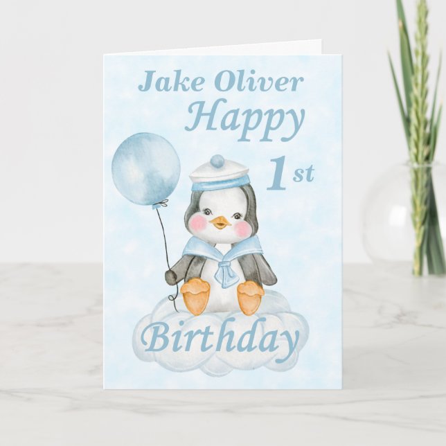 Tarjeta de cumpleaños 1er pingüino azul (Anverso)