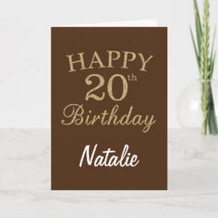 Tarjeta de cumpleaños 20 con brillo dorado y marró