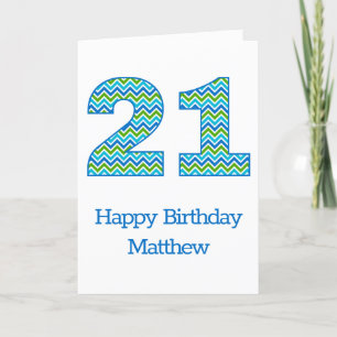 Tarjeta de cumpleaños 21ª Chevron azul y verde per