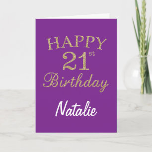 Tarjeta de cumpleaños 21 con brillo dorado y púrpu