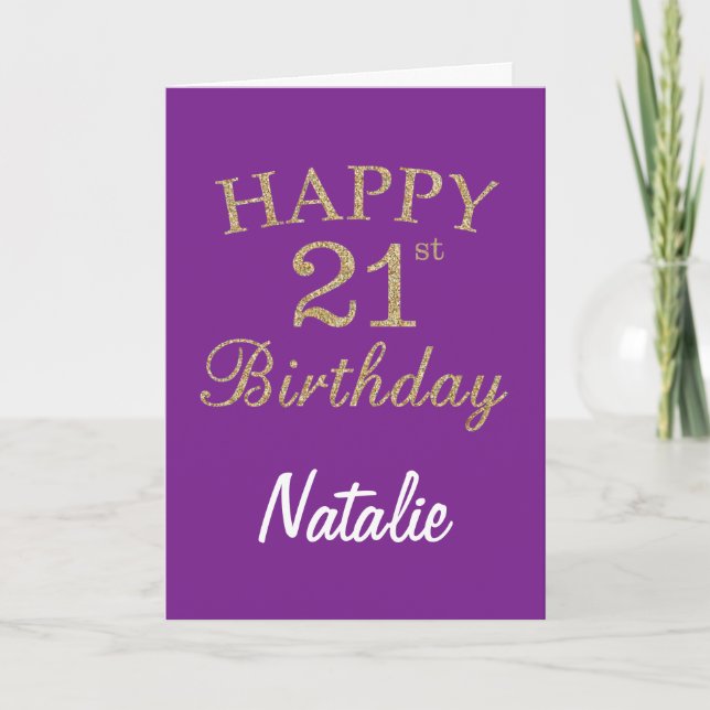 Tarjeta de cumpleaños 21 con brillo dorado y púrpu (Anverso)