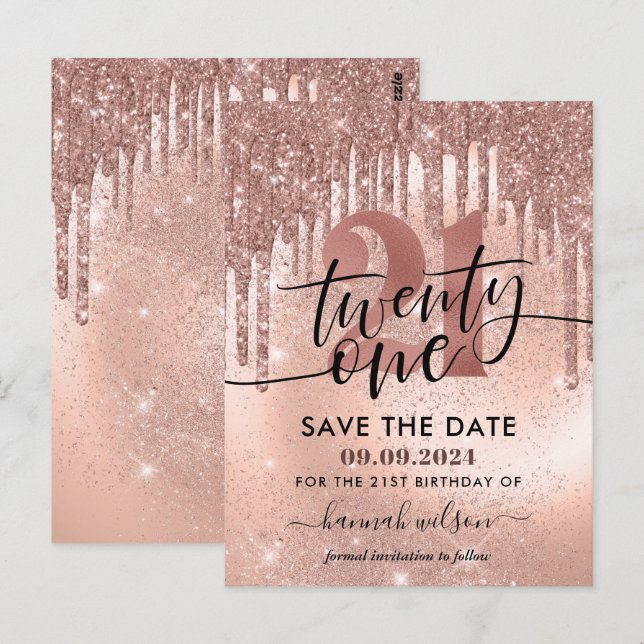 Tarjeta de cumpleaños 21 en rose gold para guardar (Anverso / Reverso)