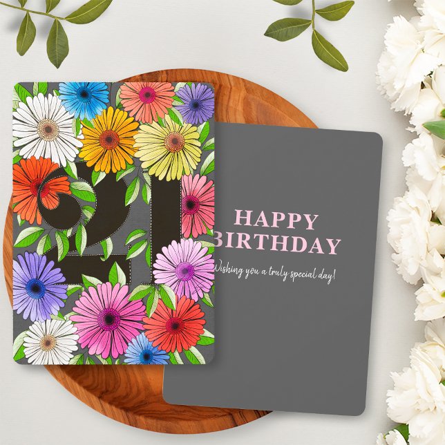 Tarjeta de cumpleaños 21 Retro Gris Floral Feliz (Subido por el creador)