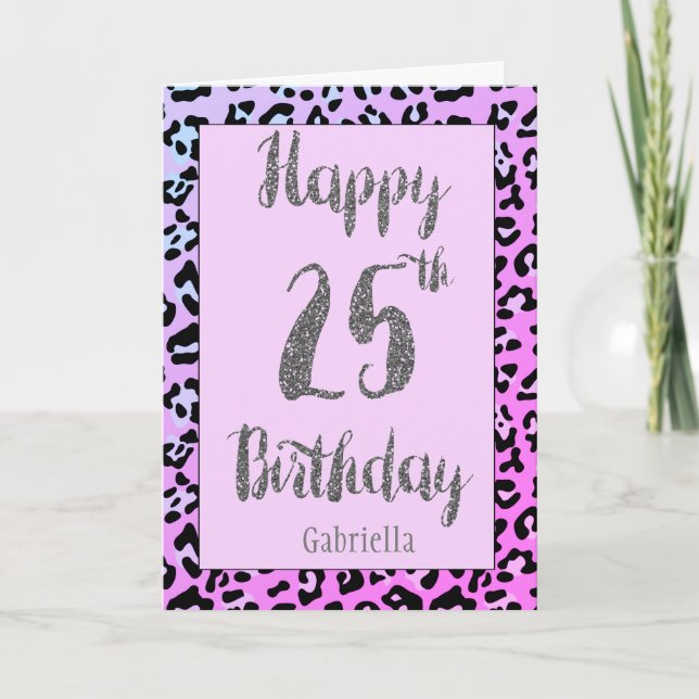 Tarjeta de cumpleaños 25º Purpurina de Leopard Pla (Anverso)