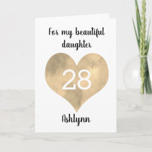 Tarjeta de cumpleaños 28º Gold Watercolor Heart