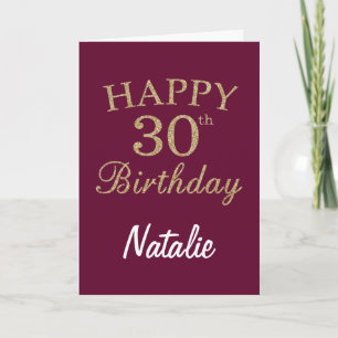 Tarjeta de cumpleaños 30 con brillo rojo burgundy