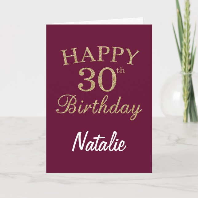 Tarjeta de cumpleaños 30 con brillo rojo burgundy  (Anverso)