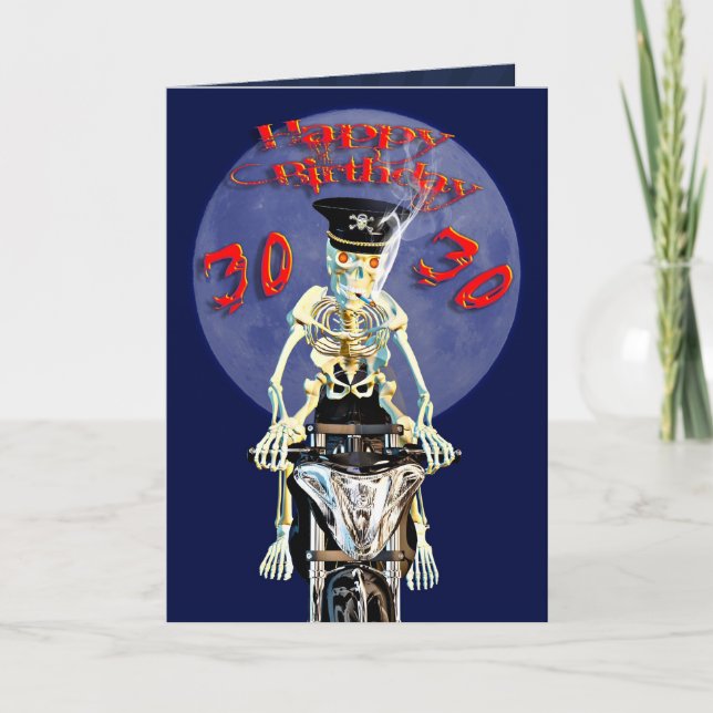 Tarjeta de cumpleaños 30 de Skeleton biker (Anverso)