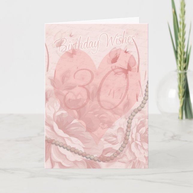 Tarjeta de cumpleaños 30, Floral rosa, corazón con (Anverso)