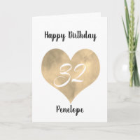 Tarjeta de cumpleaños 32 Gold Watercolor Heart
