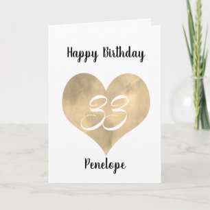 Tarjeta de cumpleaños 33 Gold Watercolor Heart