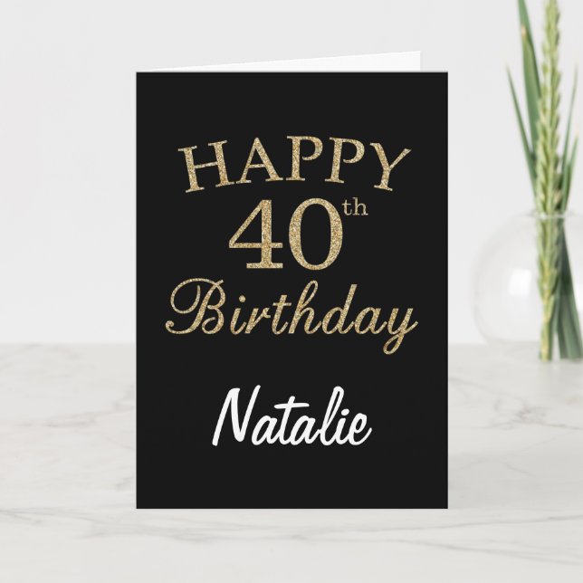 Tarjeta de cumpleaños 40 con brillo negro y dorado (Anverso)