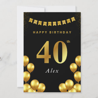 Tarjeta de cumpleaños 40 negro y globos dorados