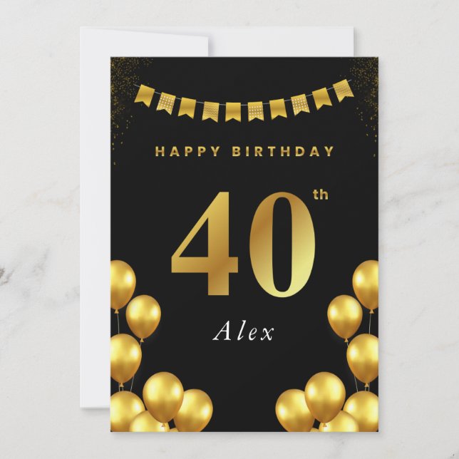 Tarjeta de cumpleaños 40 negro y globos dorados (Anverso)