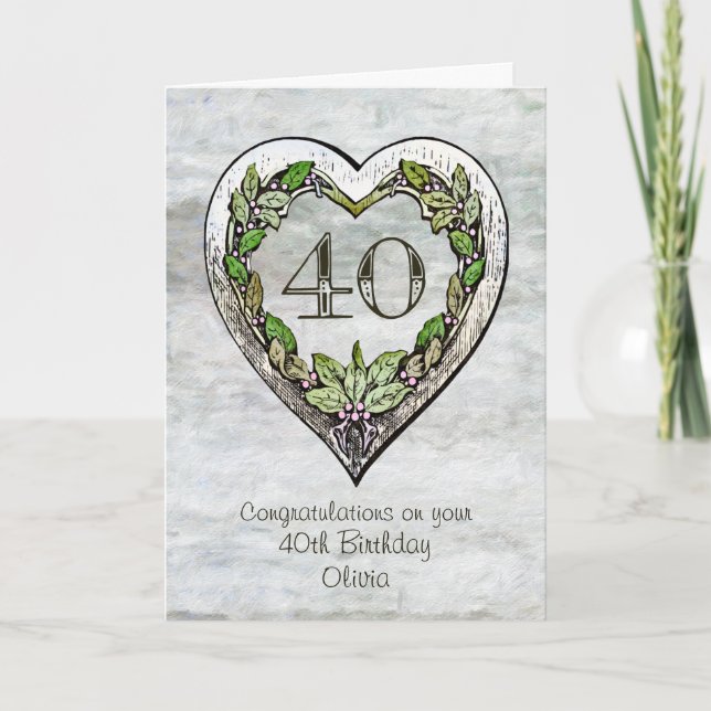 Tarjeta de cumpleaños 40 Rustic Heart (Anverso)