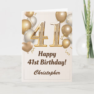 Tarjeta de cumpleaños 41 con globos dorados y conf