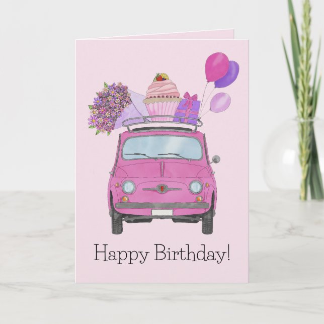 Tarjeta de cumpleaños 500 Pink Retro Fiat (Anverso)