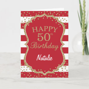 Tarjeta de cumpleaños 50 con confeti brillo rojo y