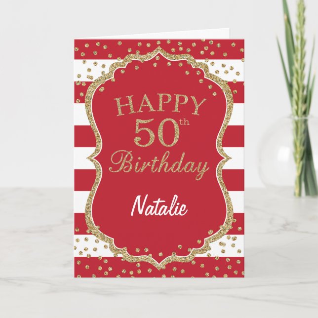 Tarjeta de cumpleaños 50 con confeti brillo rojo y (Anverso)