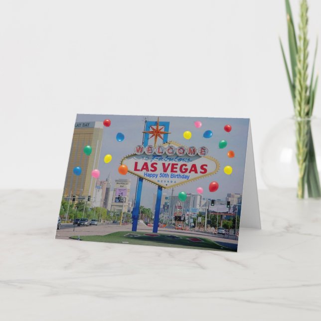 Tarjeta de cumpleaños 50 feliz de Las Vegas en azu (Anverso)
