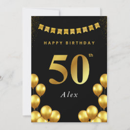 Tarjeta de cumpleaños 50 negro y globos dorados