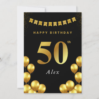 Tarjeta de cumpleaños 50 negro y globos dorados