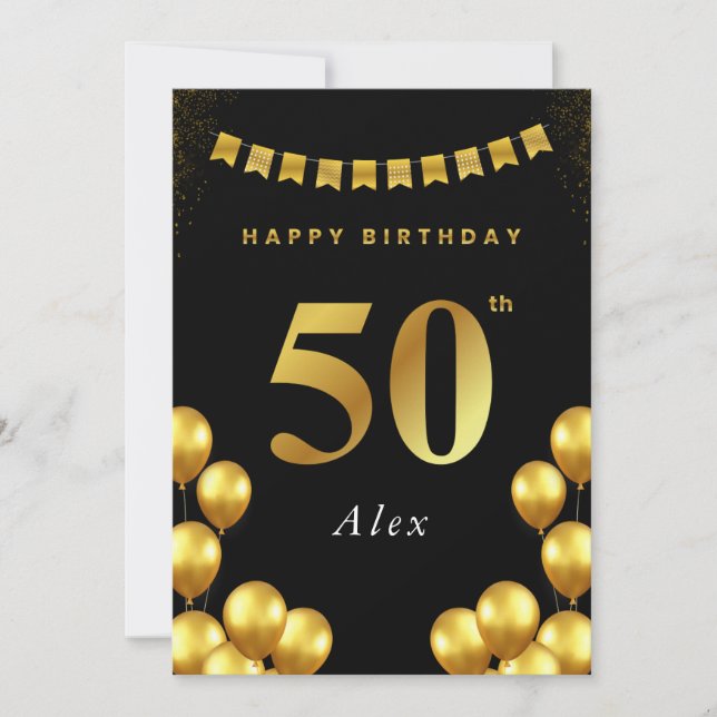 Tarjeta de cumpleaños 50 negro y globos dorados (Anverso)