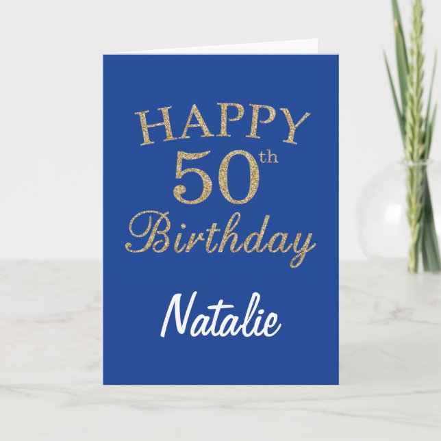 Tarjeta de cumpleaños 50 Purpurina azul y oro (Anverso)