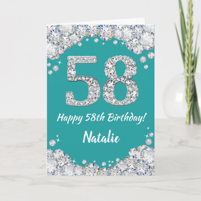 Tarjeta de cumpleaños 58 con brillo teal y plata (Anverso)