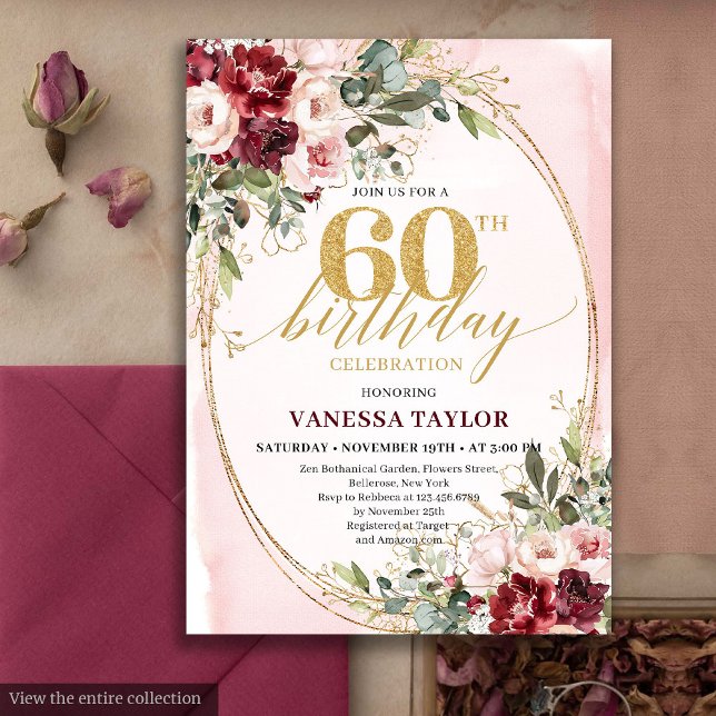 Tarjeta de cumpleaños 60 Boho Blush y Burgundy Gol (Boho Blush and Gold Burgundy 60th Birthday Card)